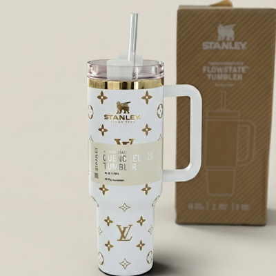 40oz Tumbler with Handle & Straw – White