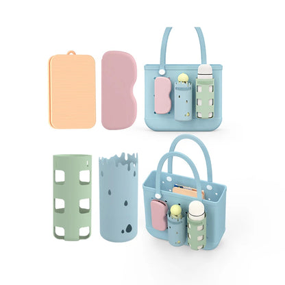 Silicone cup and bottle holders shown separately and attached to a blue EVA beach tote