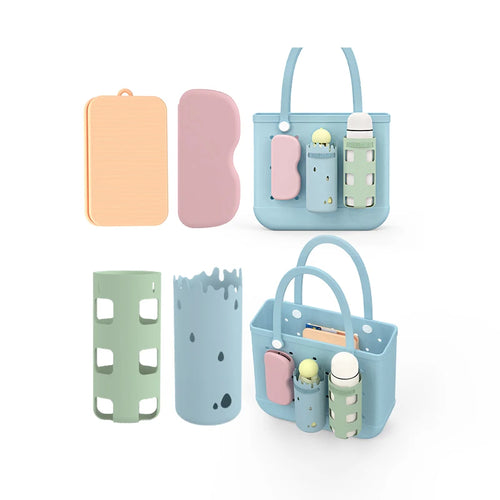 Silicone cup and bottle holders shown separately and attached to a blue EVA beach tote
