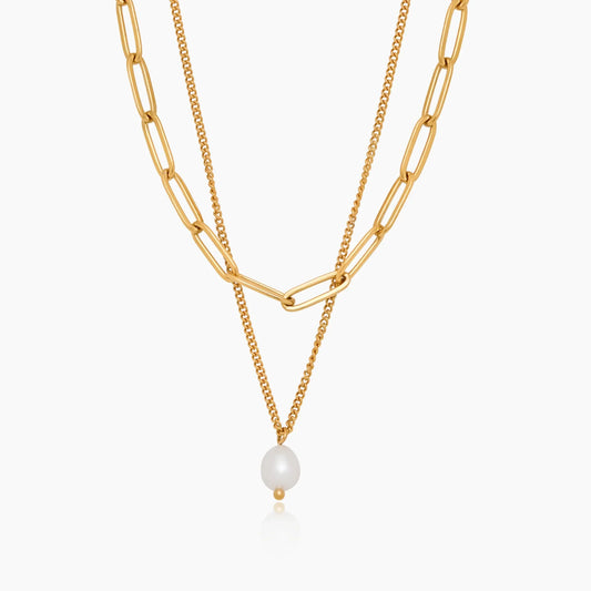 Paperclip & Pearl Drop Layered Necklace