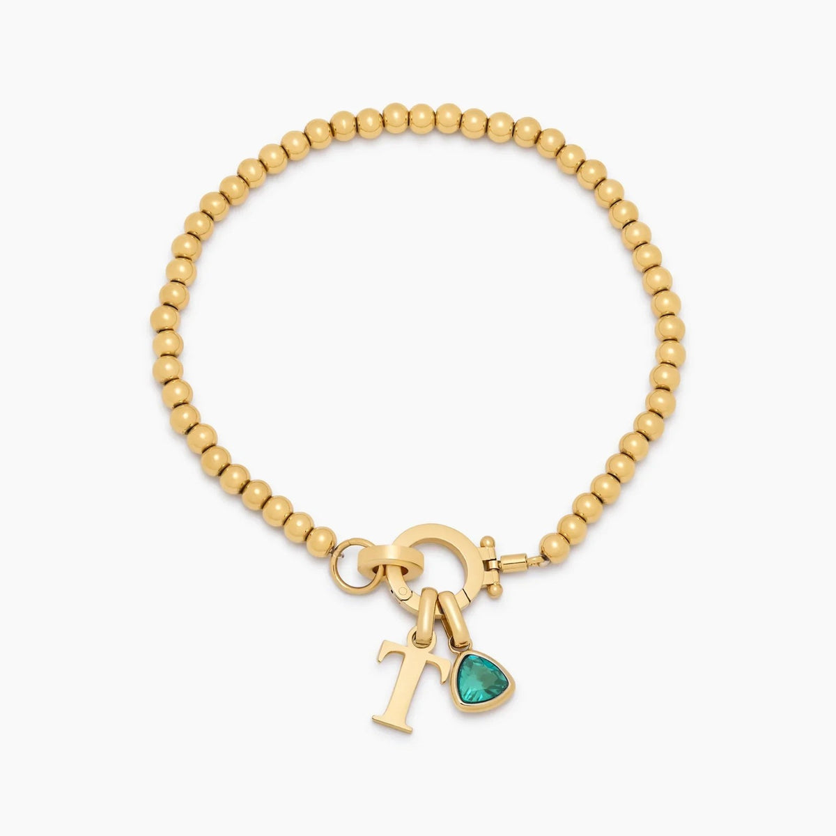 beaded-birthstone-initial-charm-bracelet — Gold / May-Emerald