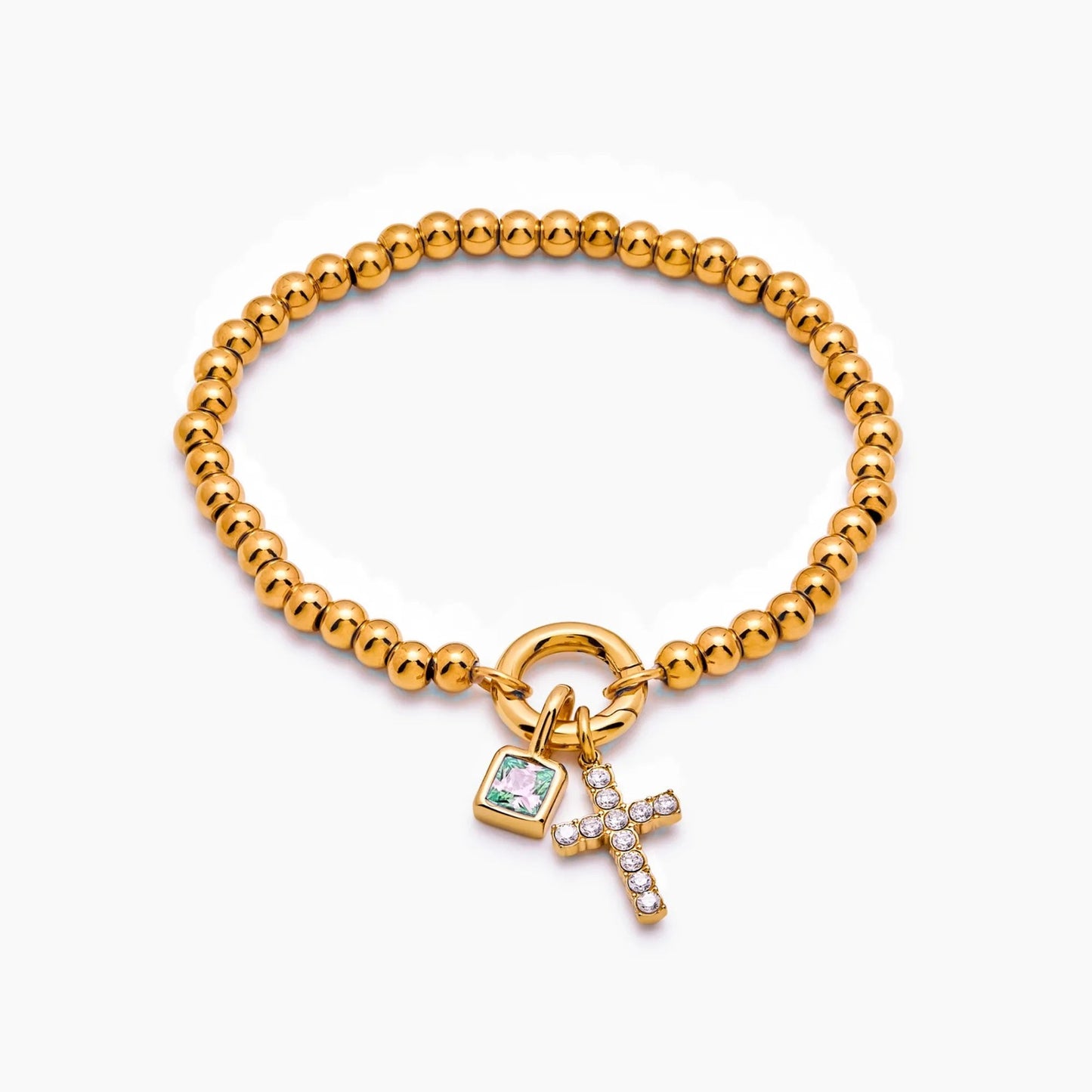 beaded-cross-birthstone-bracelet — Gold / Dec-Blue Topaz
