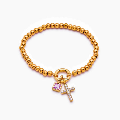beaded-cross-birthstone-bracelet — Gold / Jul-Ruby
