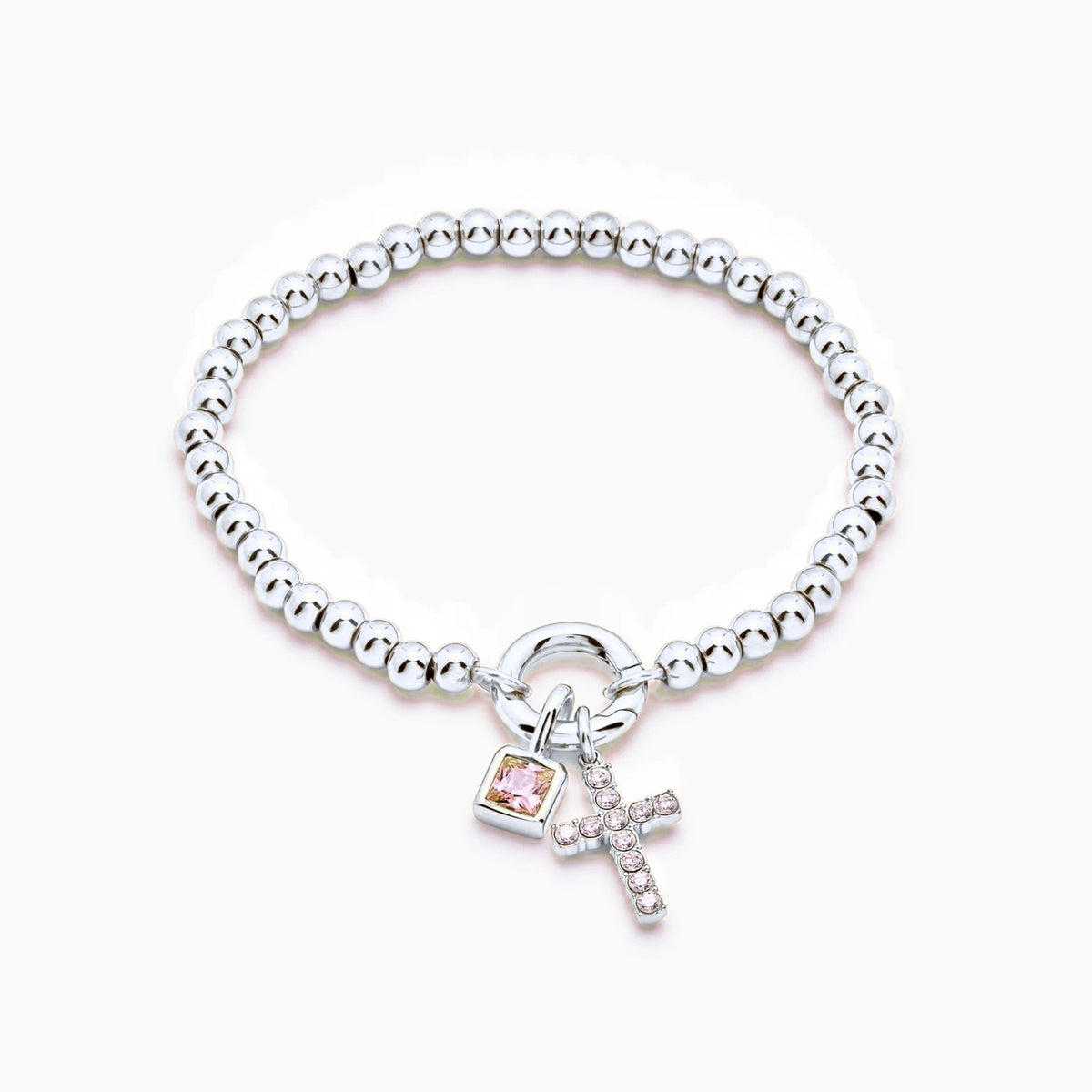 beaded-cross-birthstone-bracelet — Silver / Aug-Peridot