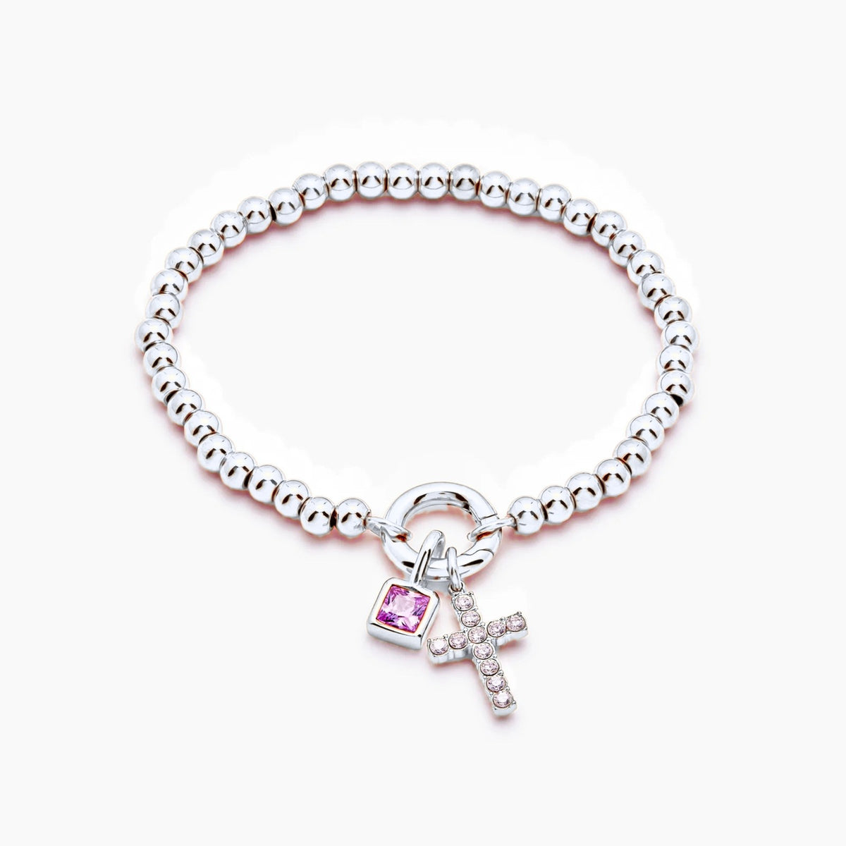 beaded-cross-birthstone-bracelet — Silver / Jul-Ruby