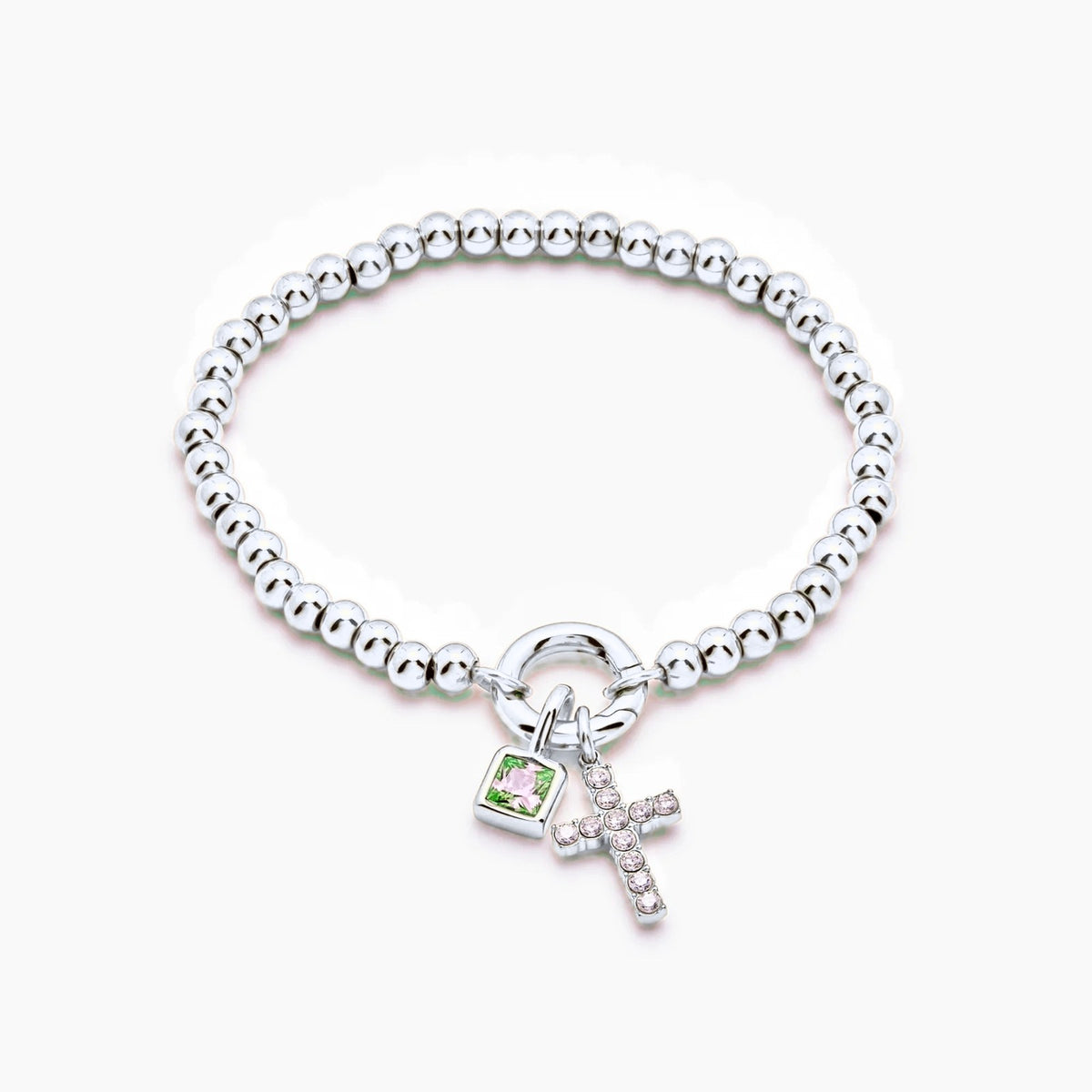 beaded-cross-birthstone-bracelet — Silver / May-Emerald