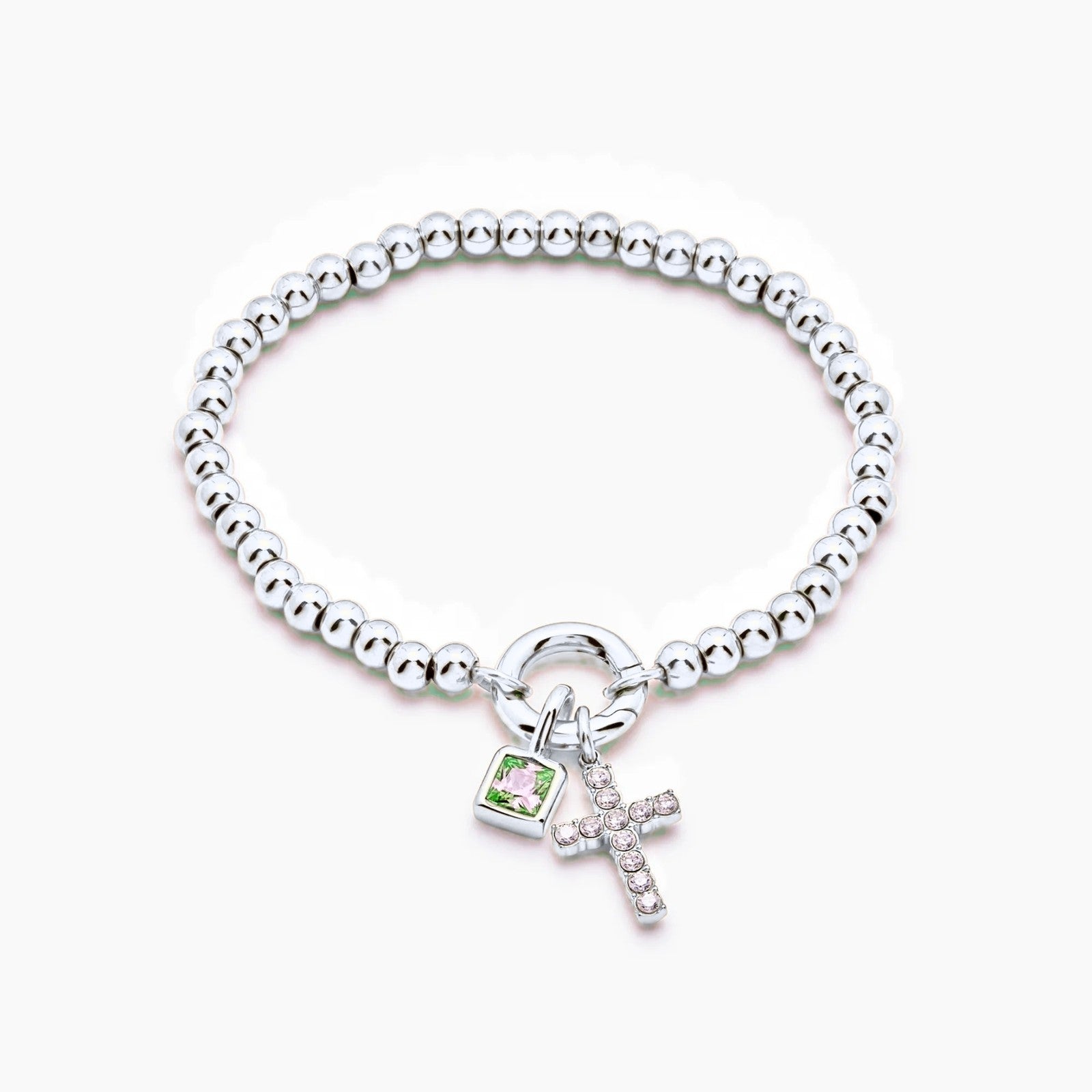 beaded-cross-birthstone-bracelet — Silver / May-Emerald