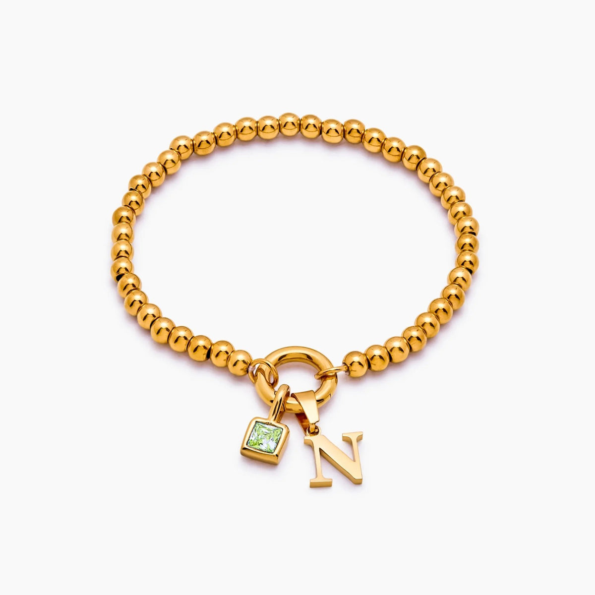 beaded-initial-birthstone-bracelet — Gold / Aug-Peridot