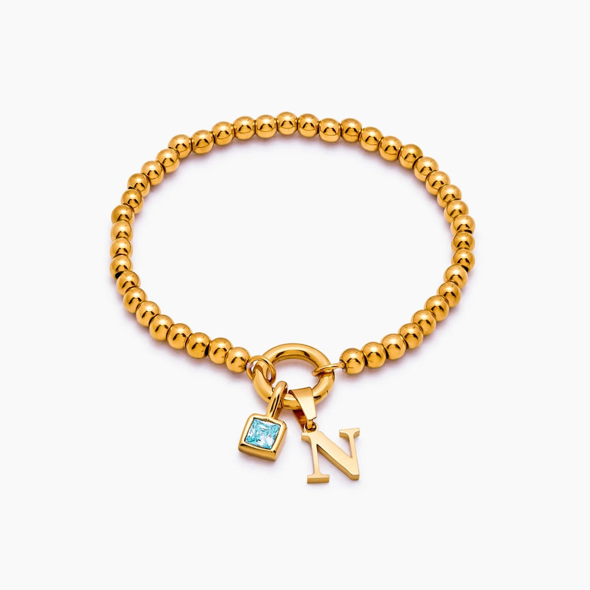 beaded-initial-birthstone-bracelet — Gold / Mar-Aquamarine