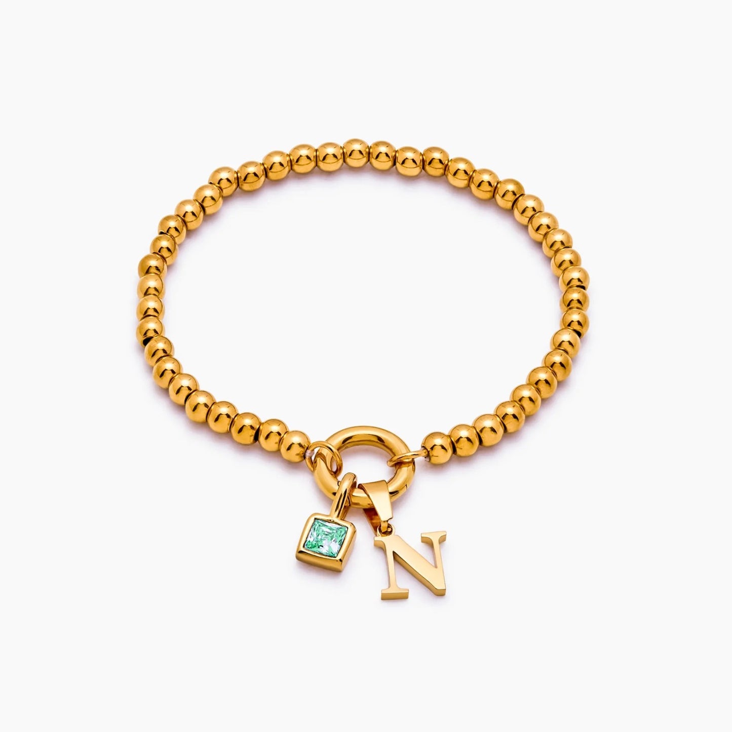 beaded-initial-birthstone-bracelet — Gold / May-Emerald