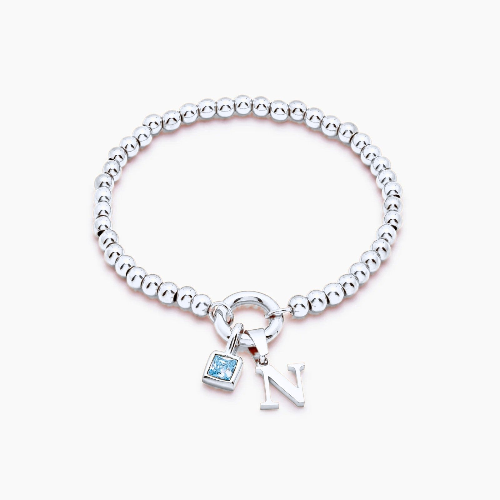 beaded-initial-birthstone-bracelet — Silver / Dec-Blue Topaz