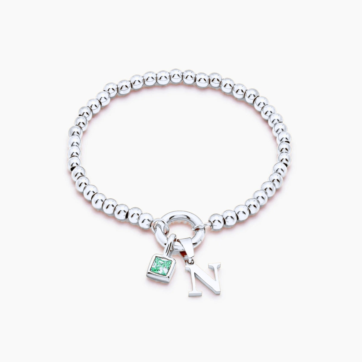 beaded-initial-birthstone-bracelet — Silver / May-Emerald