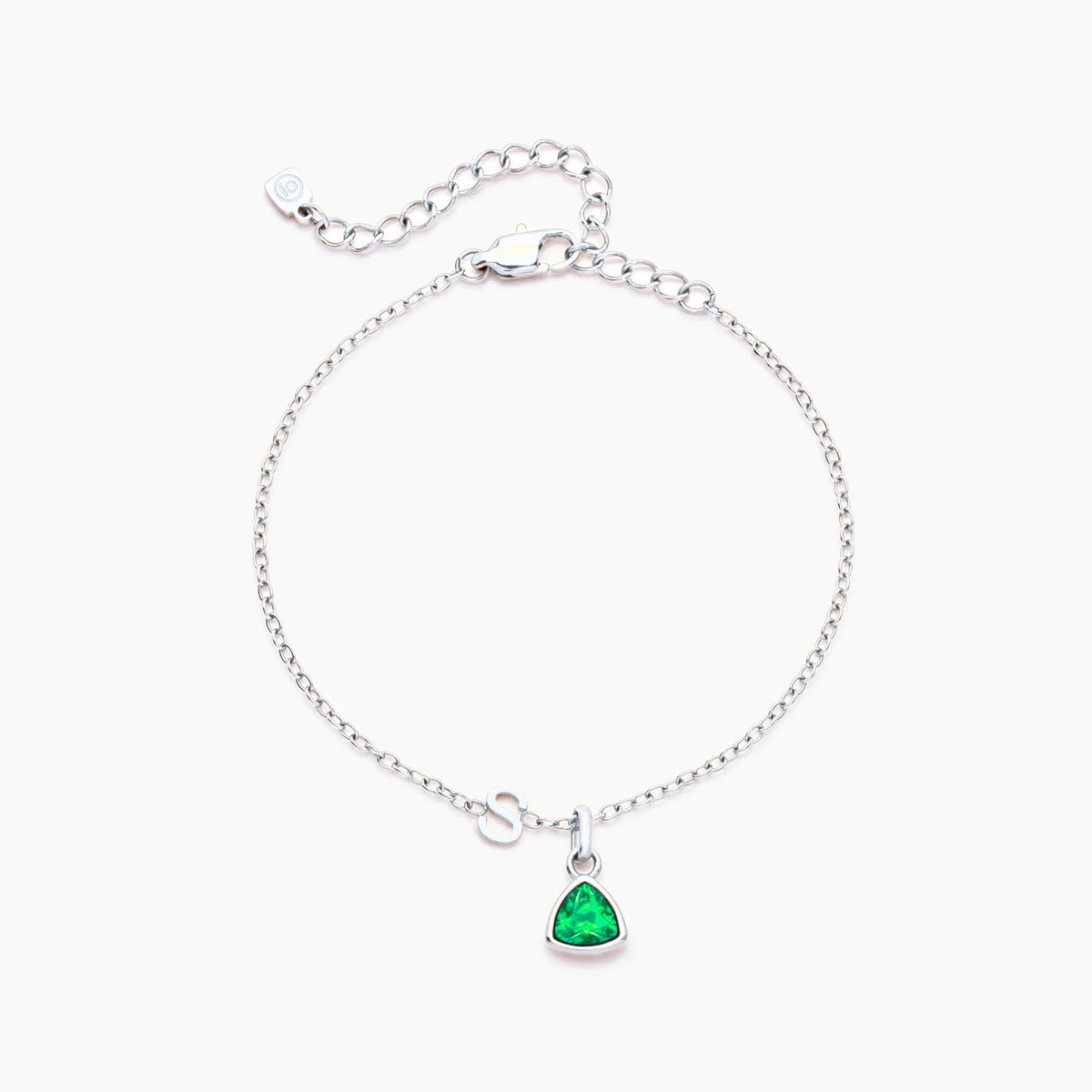 birthstone-initial-charm-bracelet — Silver / May-Emerald