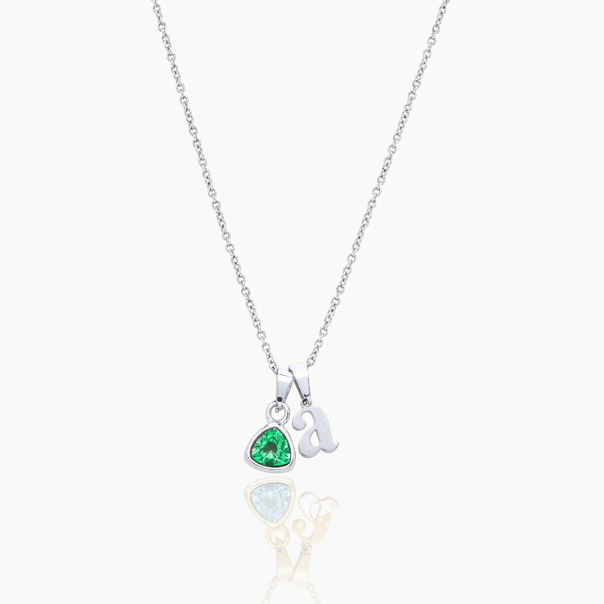 By Heart Initial & Birthstone Necklace — Silver / May-Emerald