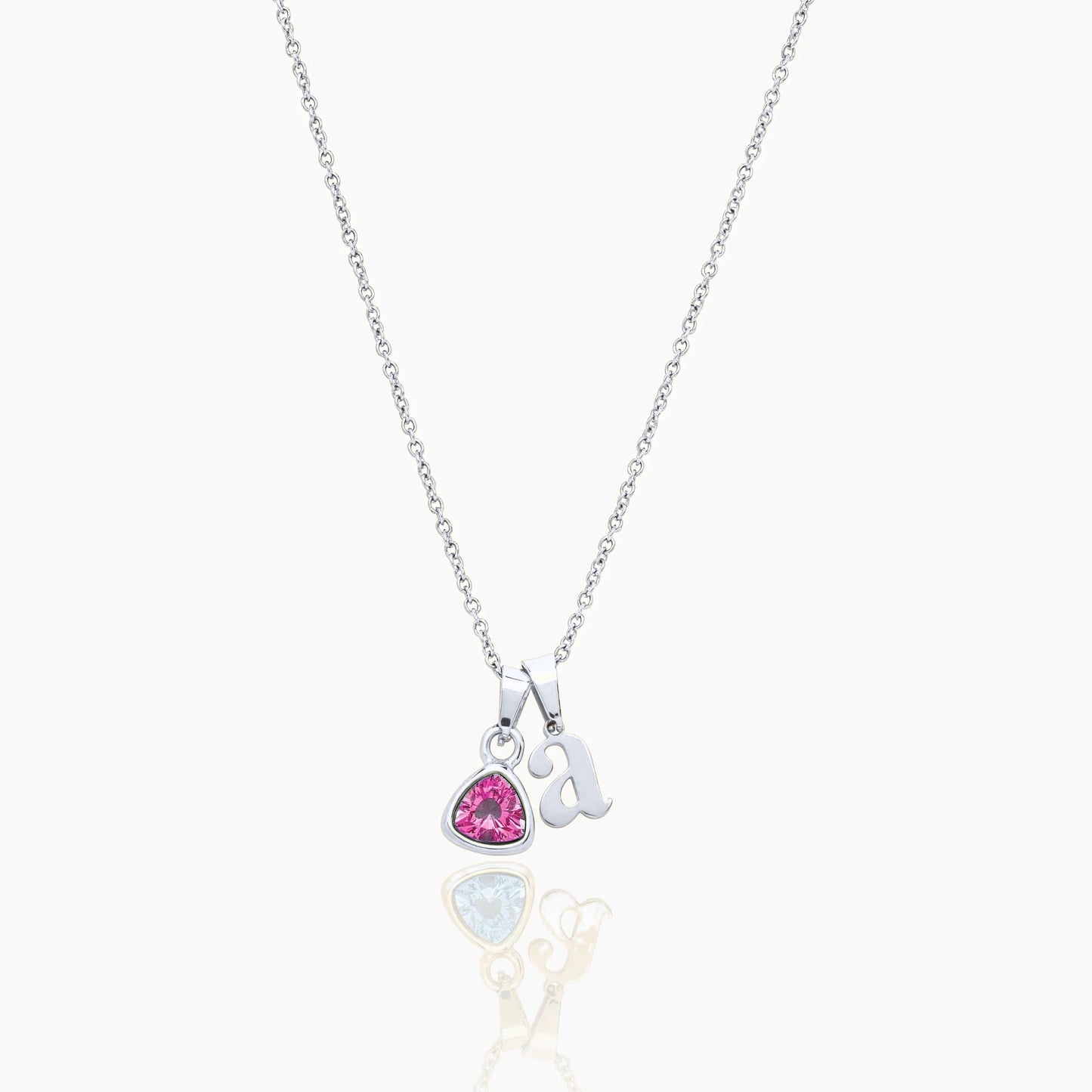 By Heart Initial & Birthstone Necklace — Silver / Oct-Pink Tourmaline