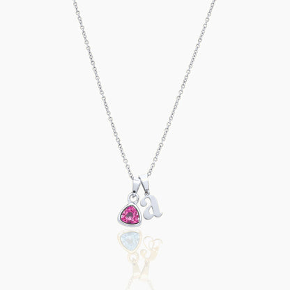 By Heart Initial & Birthstone Necklace — Silver / Oct-Pink Tourmaline