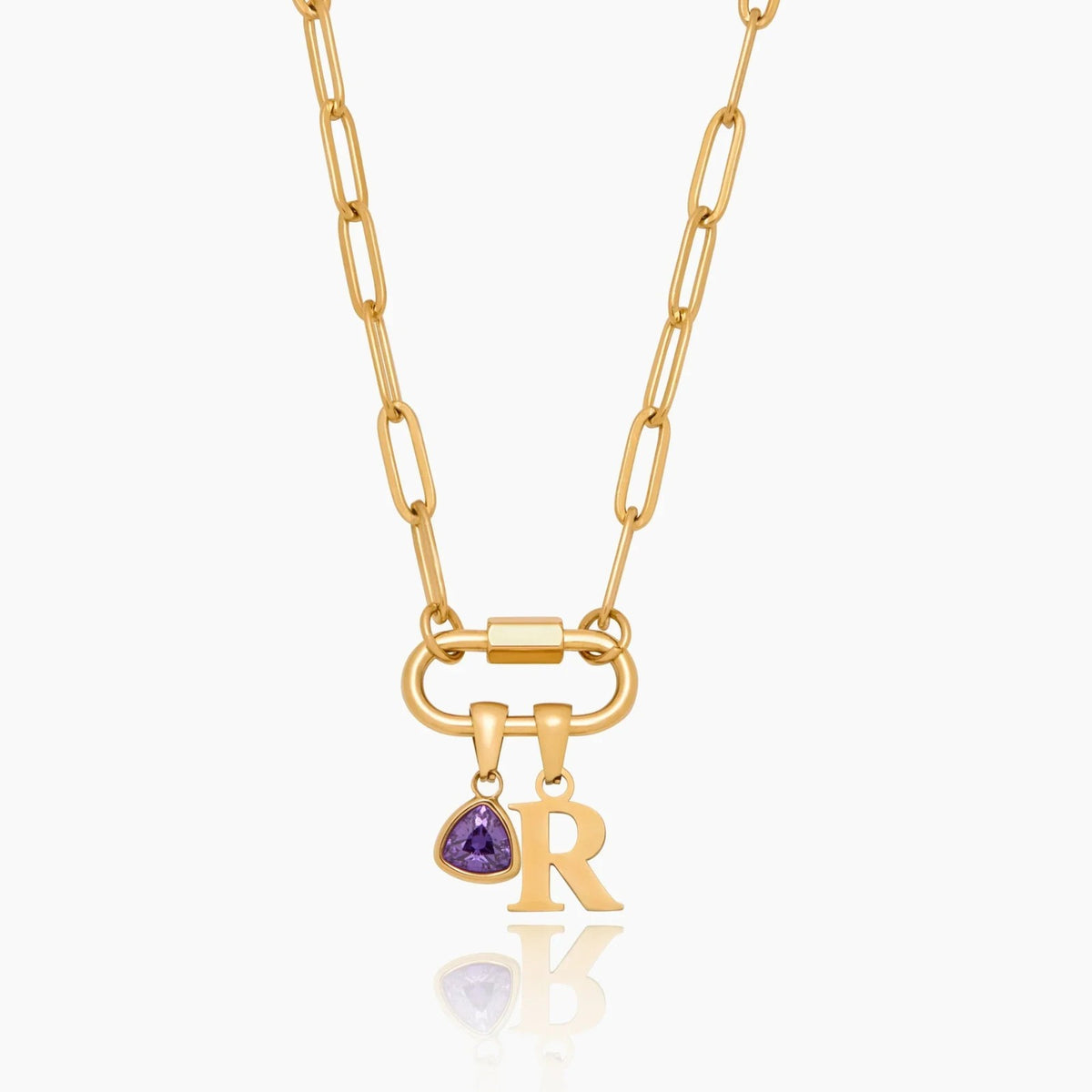 carabiner-charm-lock-necklace-with-initial-birthstone — Gold / Feb-Amethyst