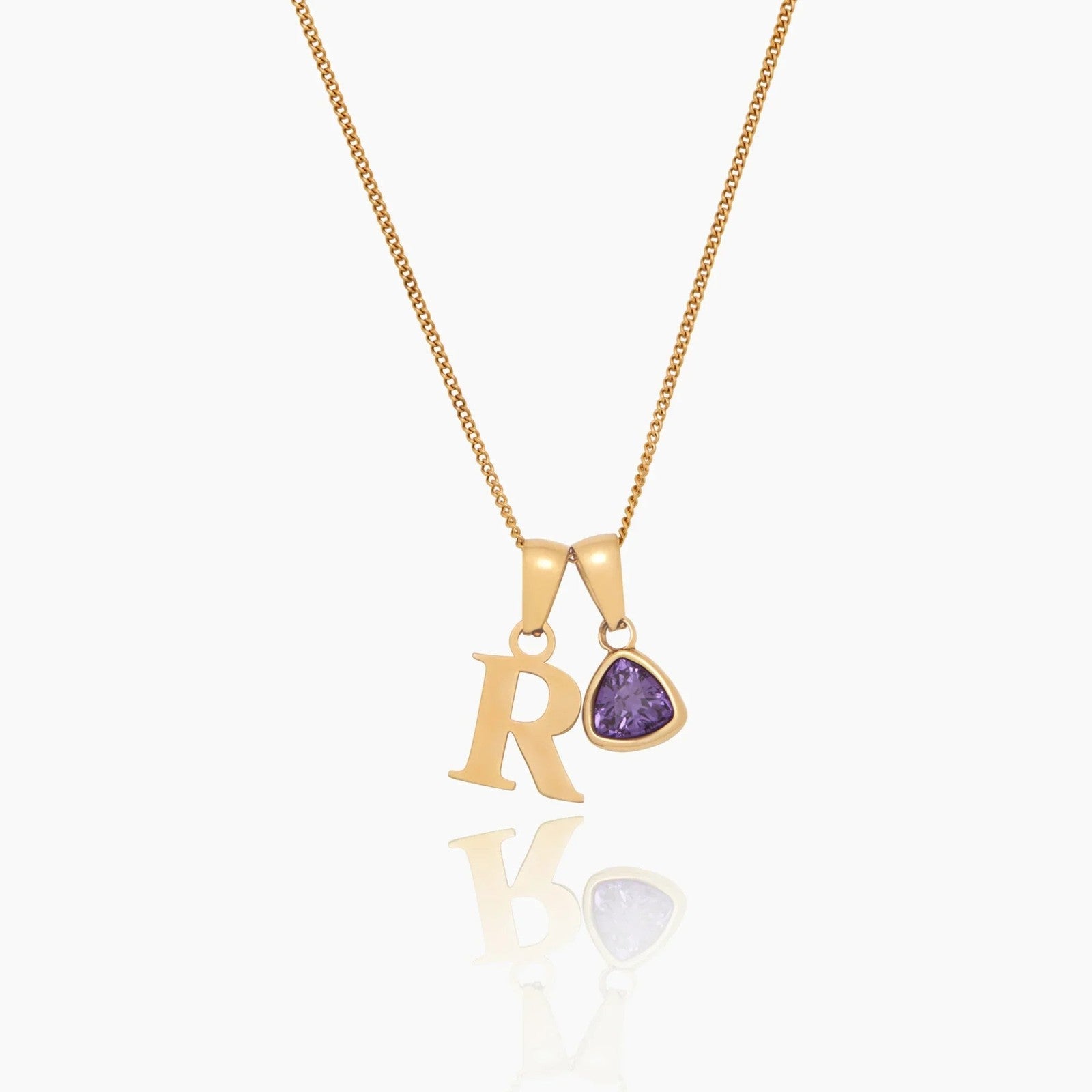 initial-birthstone-charm-necklace — Gold / February Amathyst