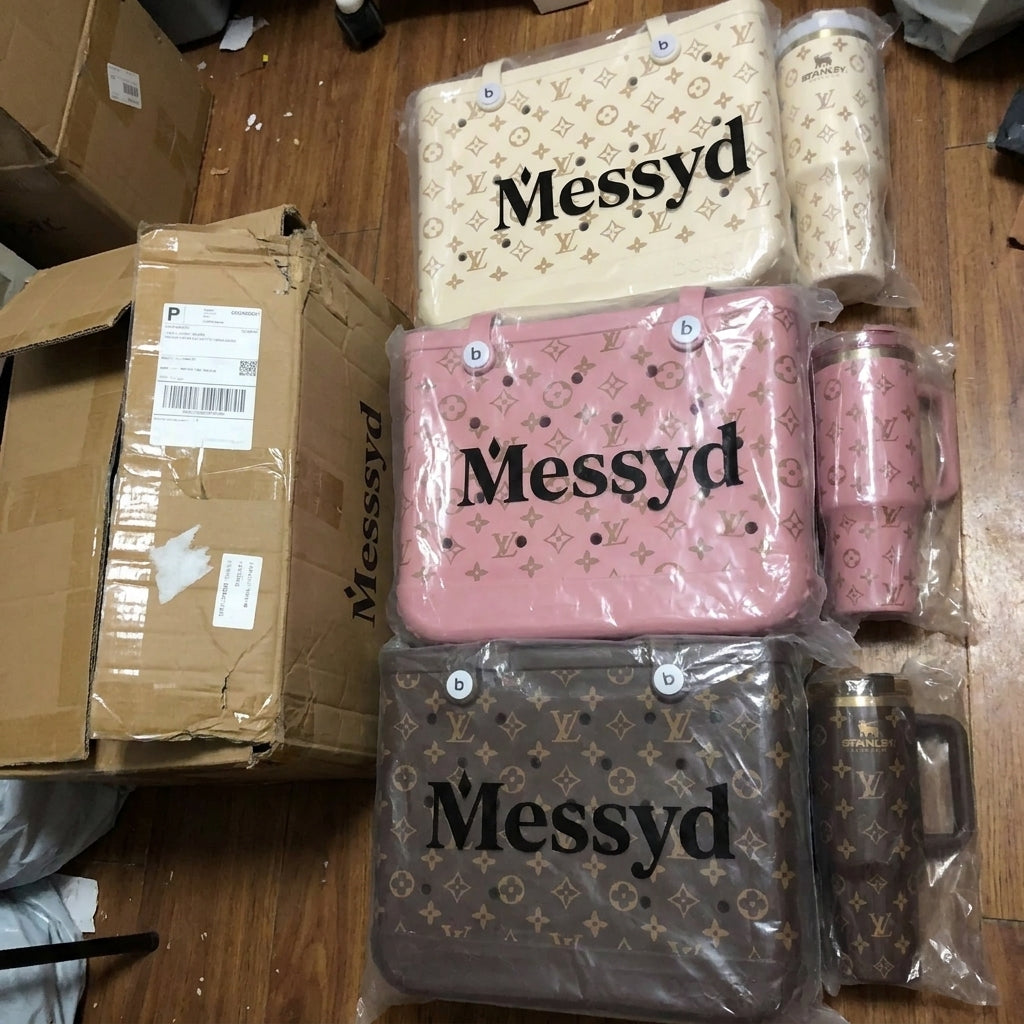 Cream, pink, and brown Messyd sets in one shipping box