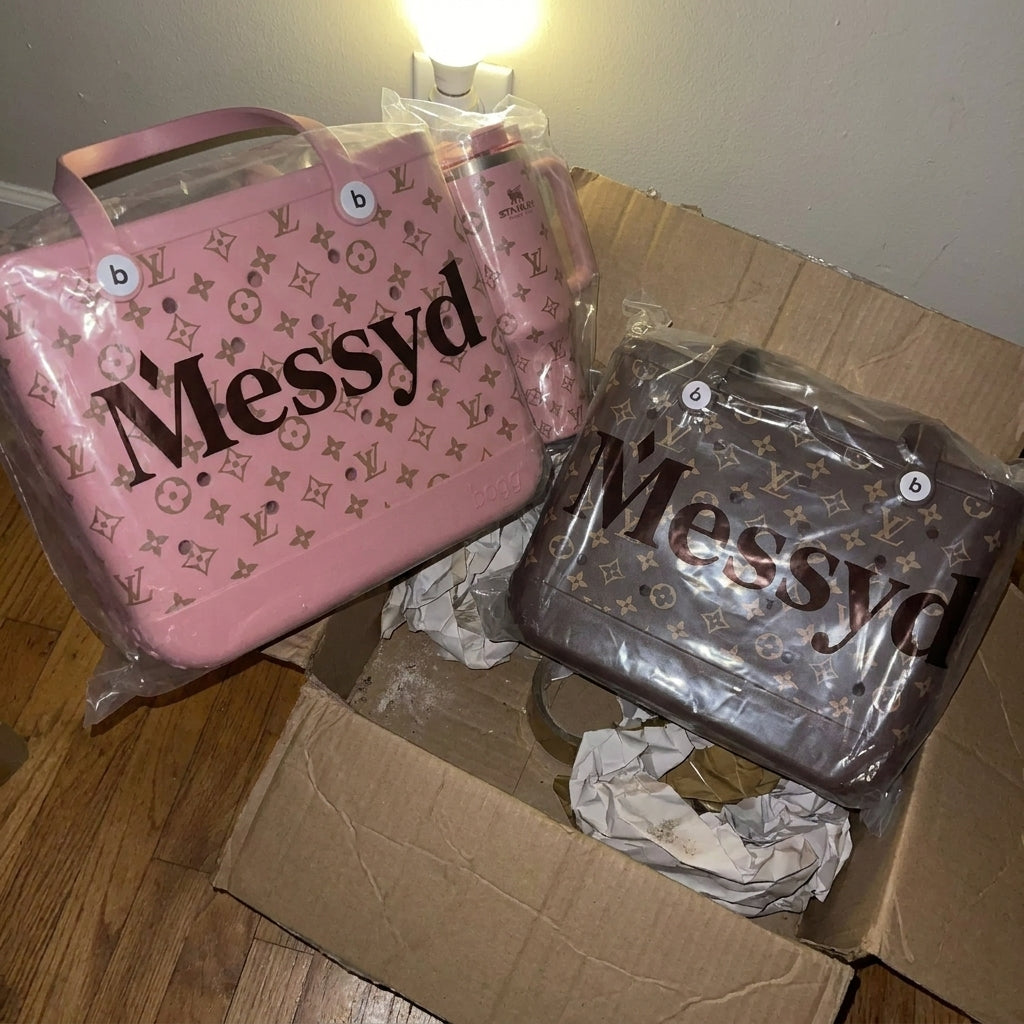 Pink and brown Messyd totes with a matching pink tumbler