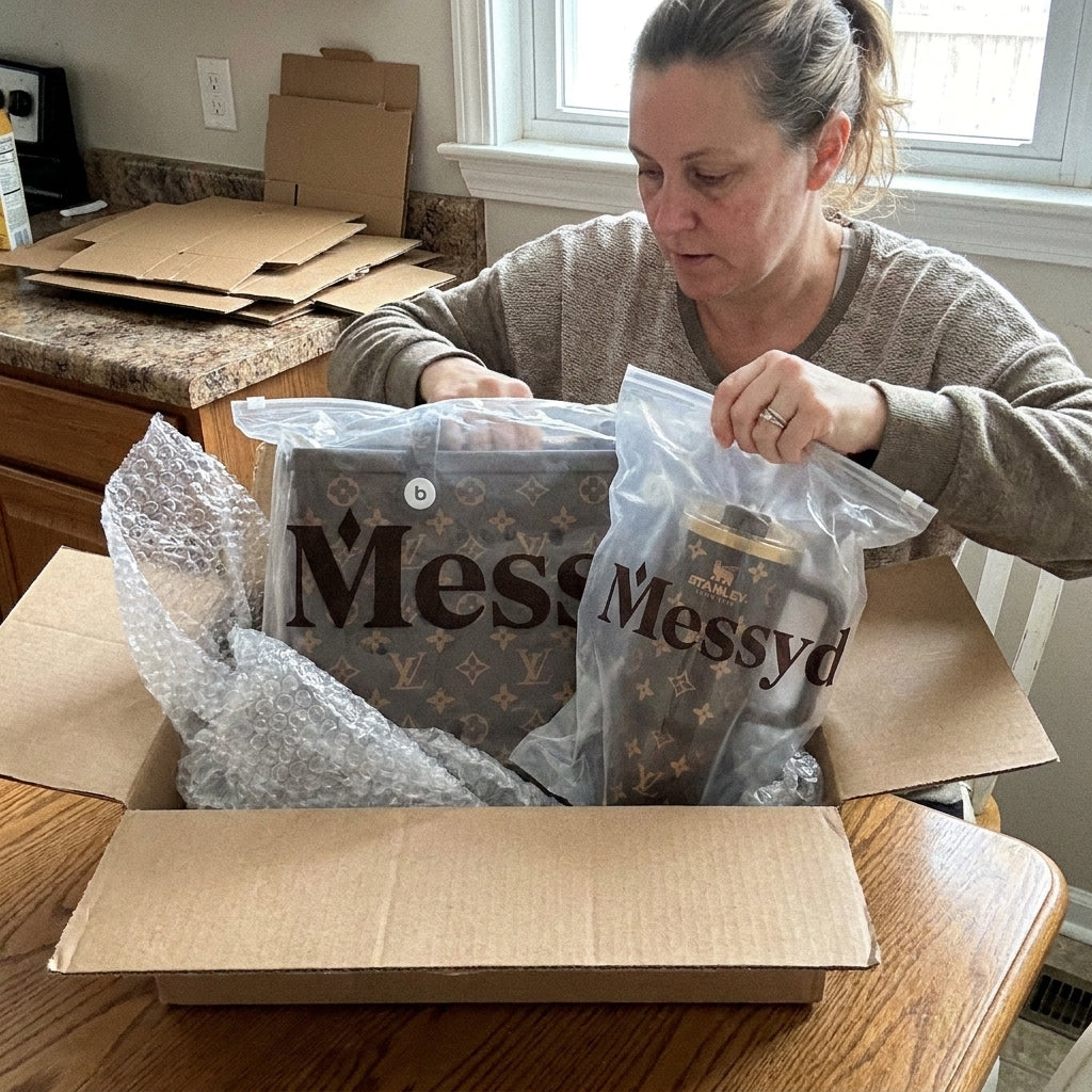 Woman unboxing a brown Messyd tote and matching tumbler at a kitchen table