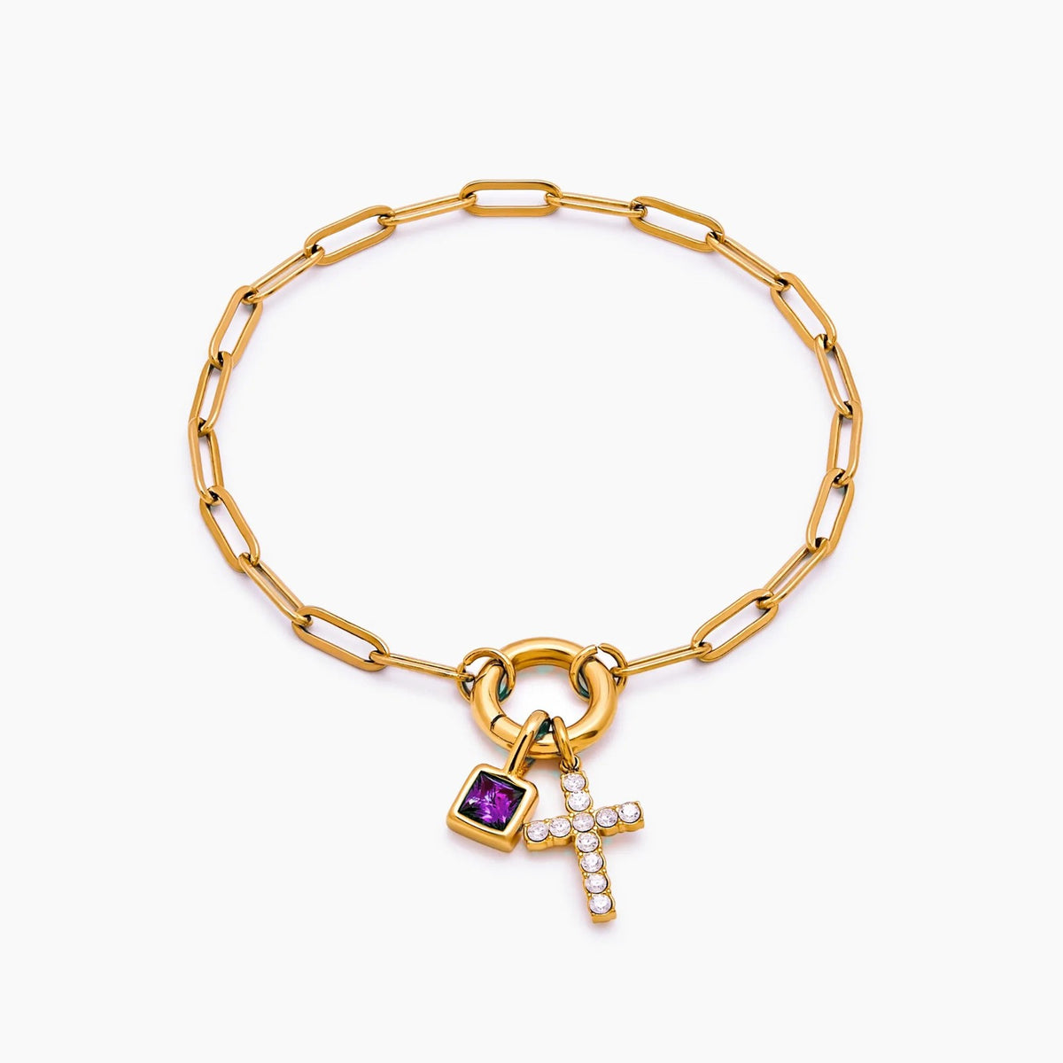 paperclip-cross-charm-bracelet — Gold / Jun-Alexandrite