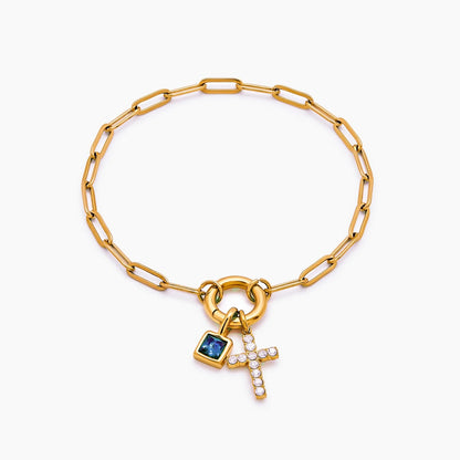 paperclip-cross-charm-bracelet — Gold / Mar-Aquamarine