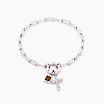 paperclip-cross-charm-bracelet — Silver / Jan-Garnet