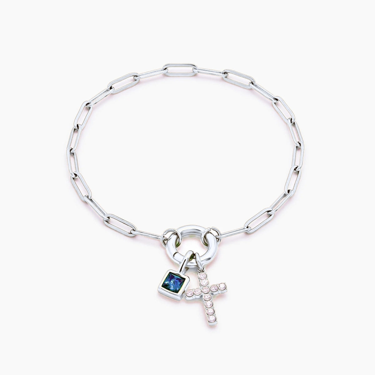 paperclip-cross-charm-bracelet — Silver / Mar-Aquamarine