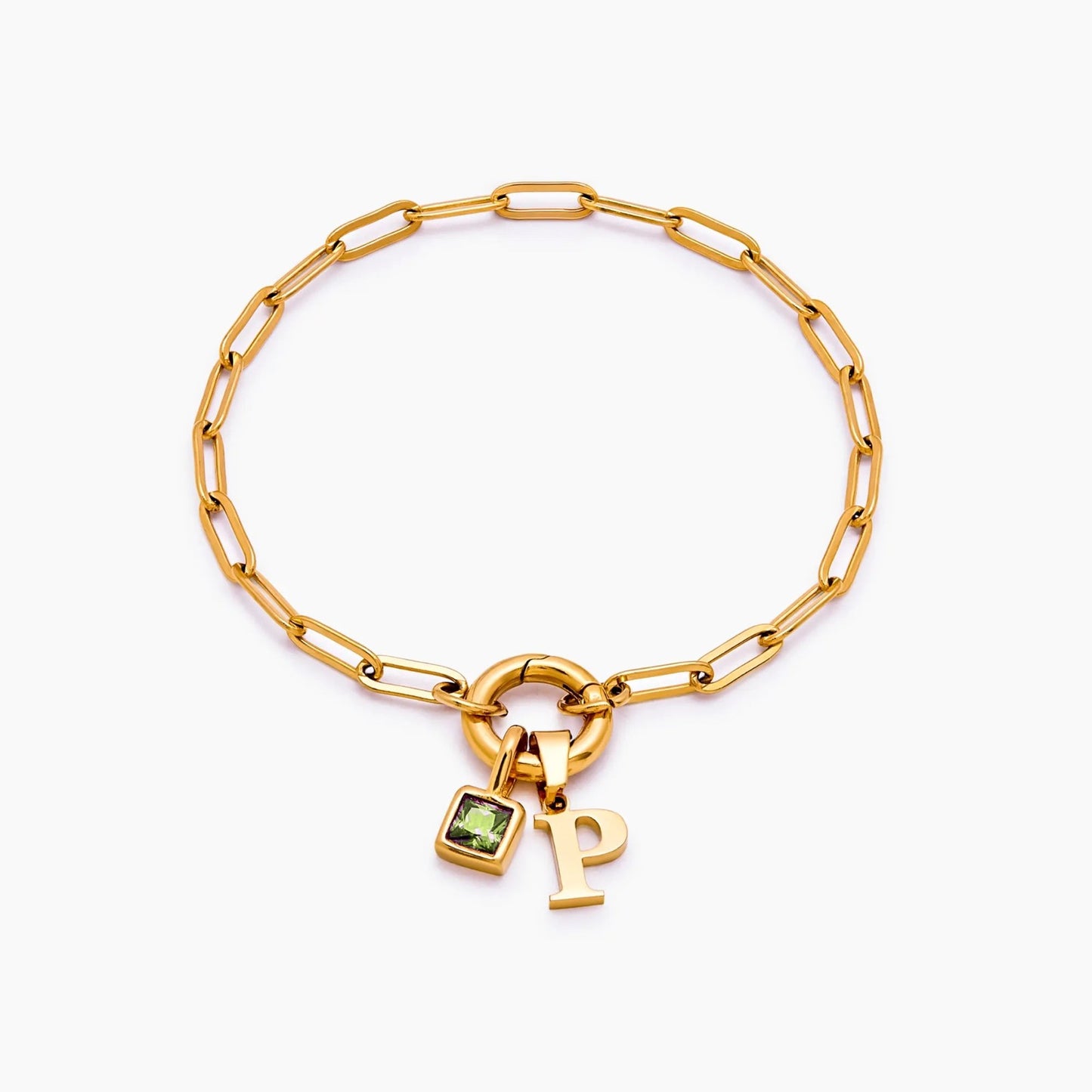 paperclip-initial-birthstone-bracelet — Gold / Aug-Peridot