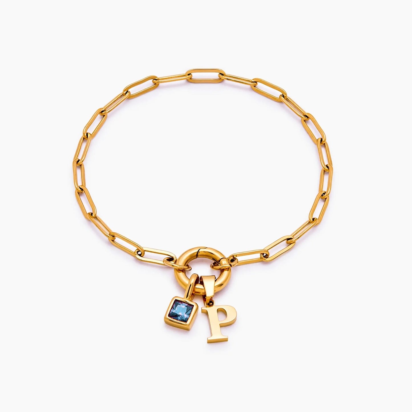 paperclip-initial-birthstone-bracelet — Gold / Dec-Blue Topaz