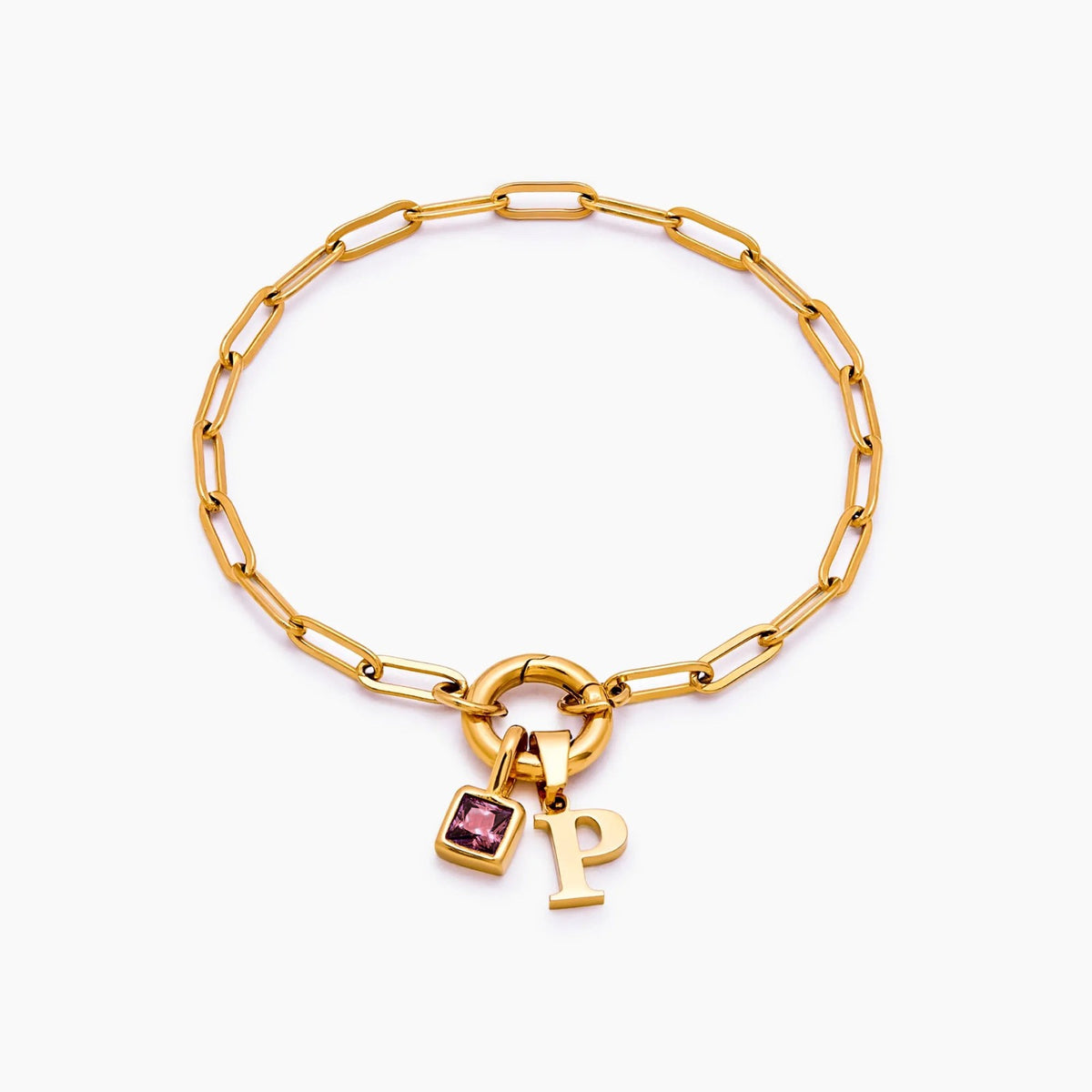 paperclip-initial-birthstone-bracelet — Gold / Jan-Garnet