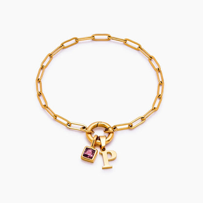 paperclip-initial-birthstone-bracelet — Gold / Jul-Ruby
