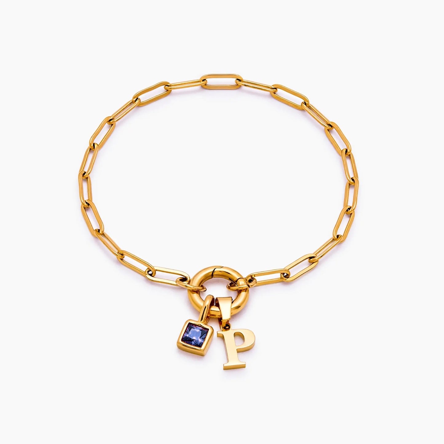 paperclip-initial-birthstone-bracelet — Gold / Sep-Sapphire