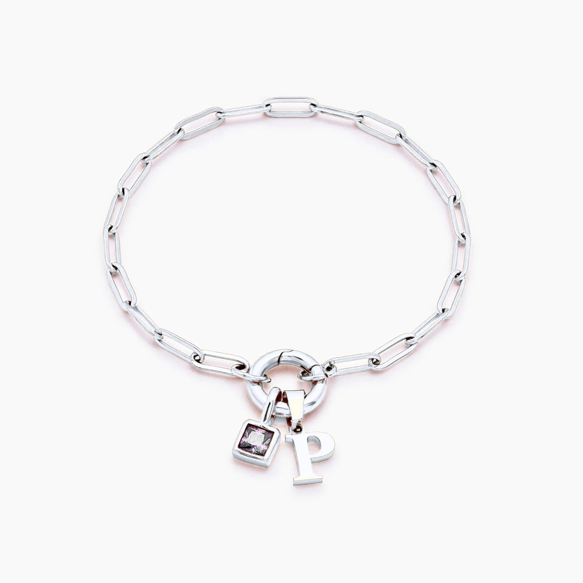 paperclip-initial-birthstone-bracelet — Silver / Apr-Diamond
