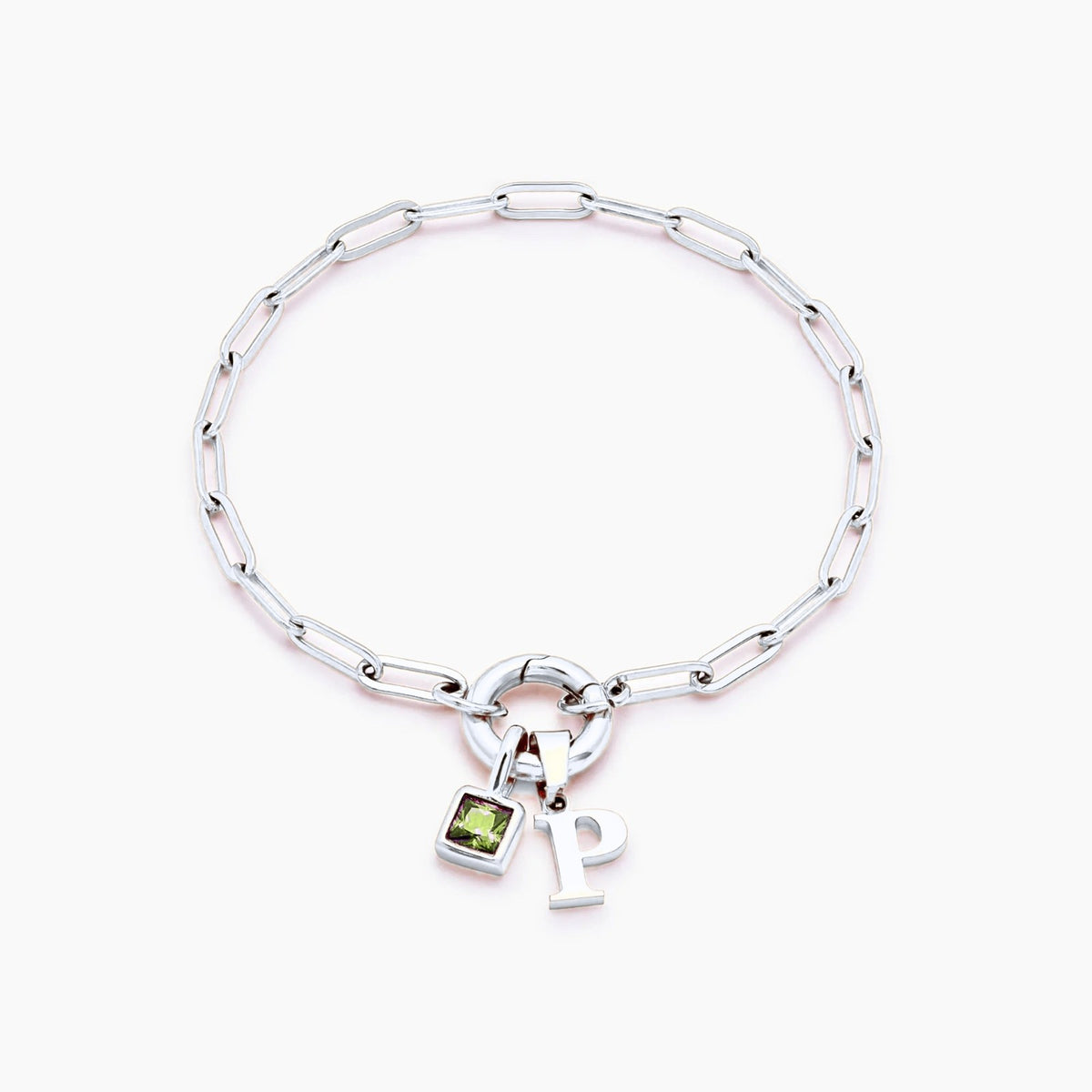 paperclip-initial-birthstone-bracelet — Silver / Aug-Peridot