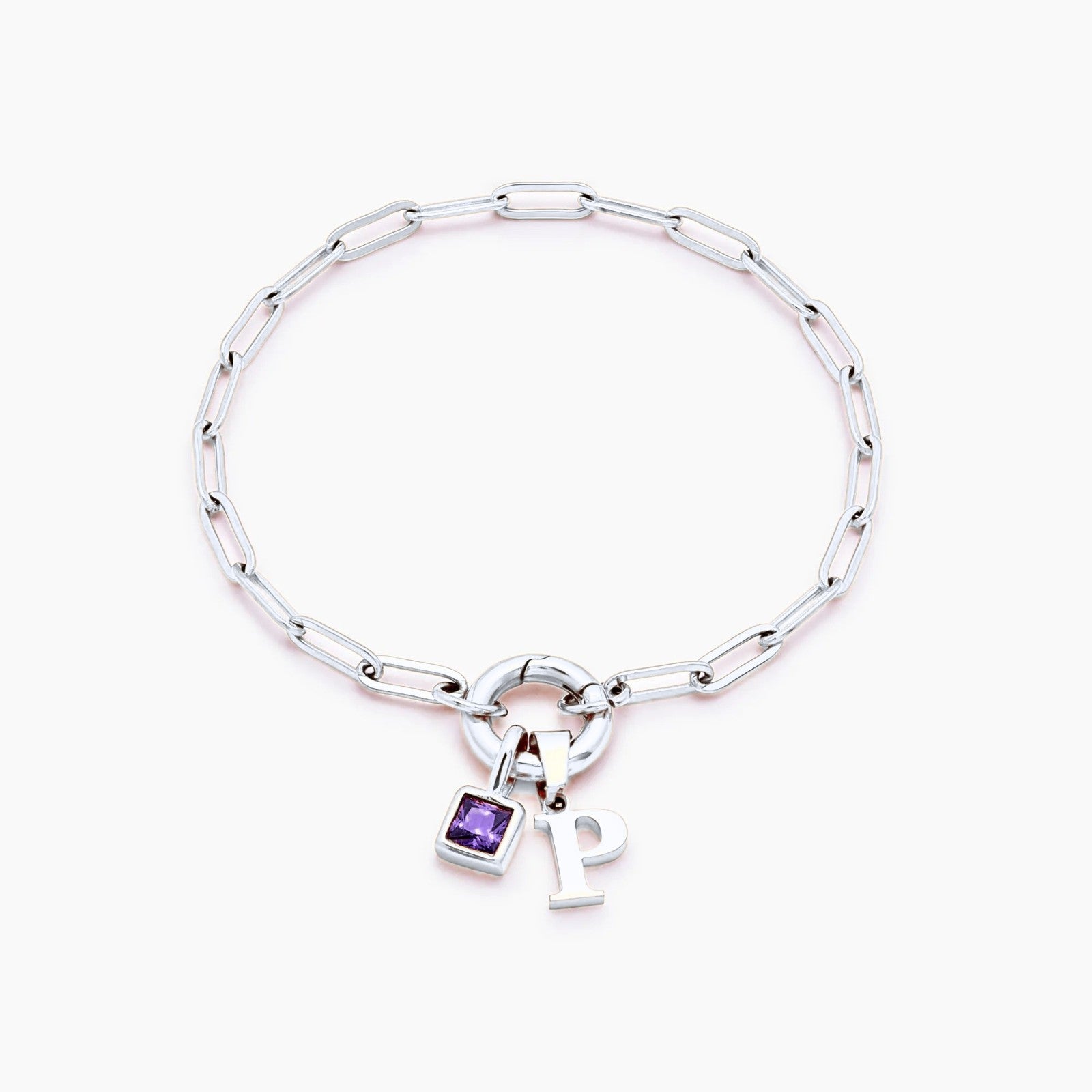 paperclip-initial-birthstone-bracelet — Silver / Jun-Alexandrite