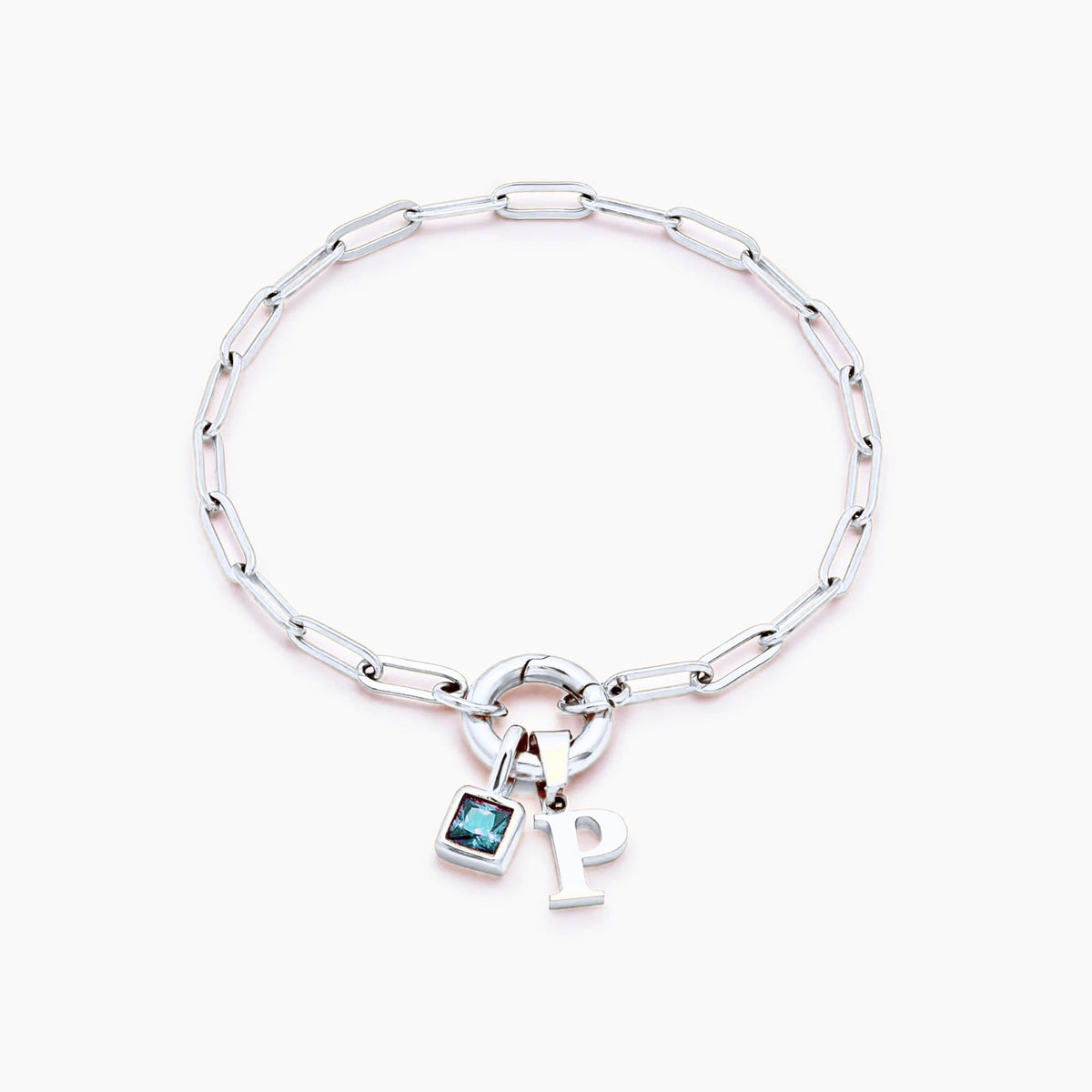 paperclip-initial-birthstone-bracelet — Silver / Mar-Aquamarine