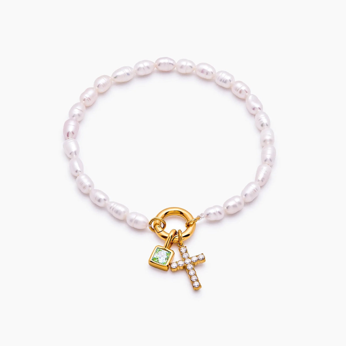 pearl-birthstone-cross-charm-bracelet — Gold / Aug-Peridot