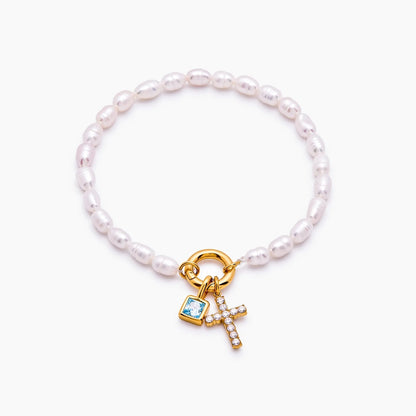 pearl-birthstone-cross-charm-bracelet — Gold / Dec-Blue Topaz