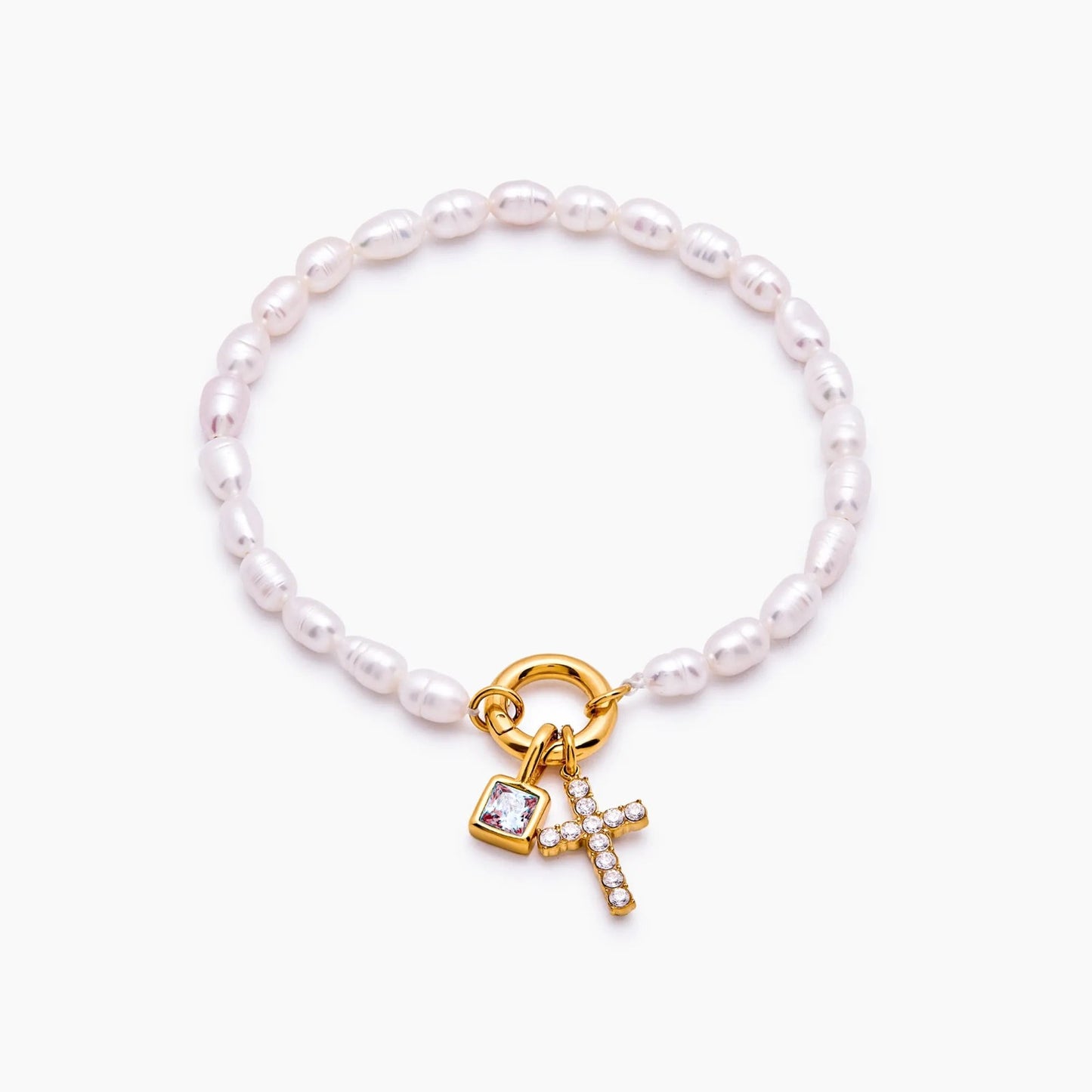 pearl-birthstone-cross-charm-bracelet — Gold / Jan-Garnet