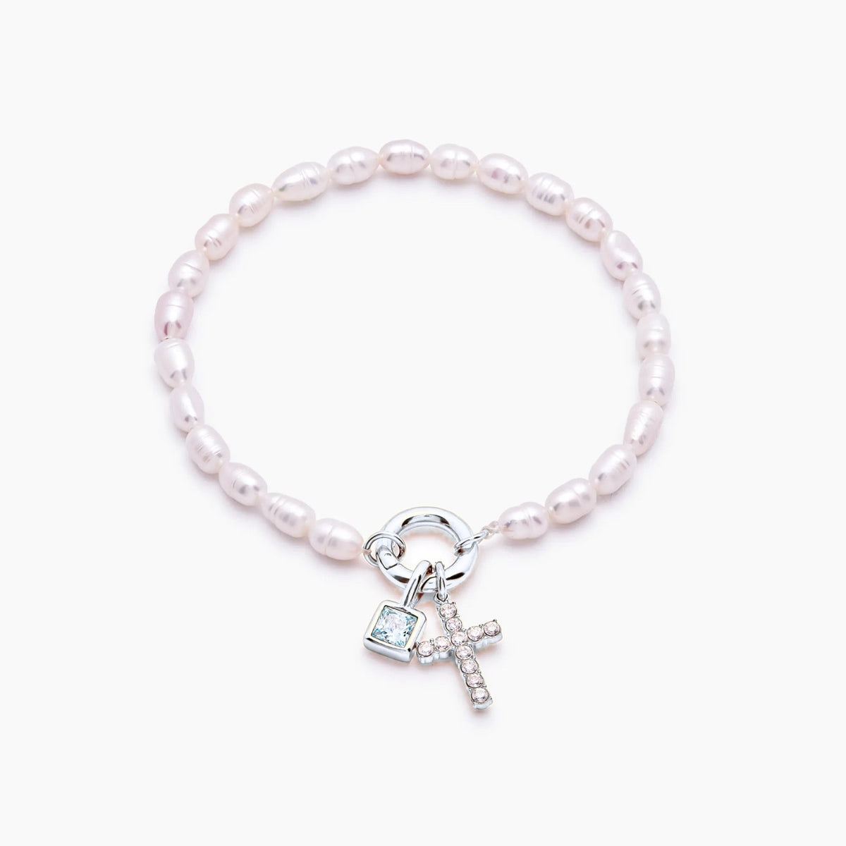 pearl-birthstone-cross-charm-bracelet — Silver / Apr-Diamond