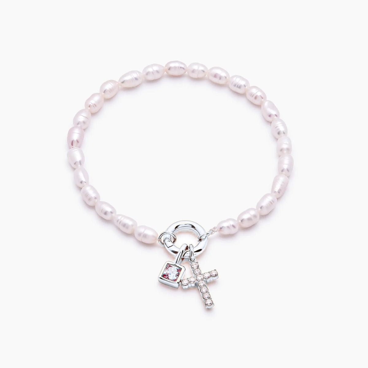 pearl-birthstone-cross-charm-bracelet — Silver / Jan-Garnet