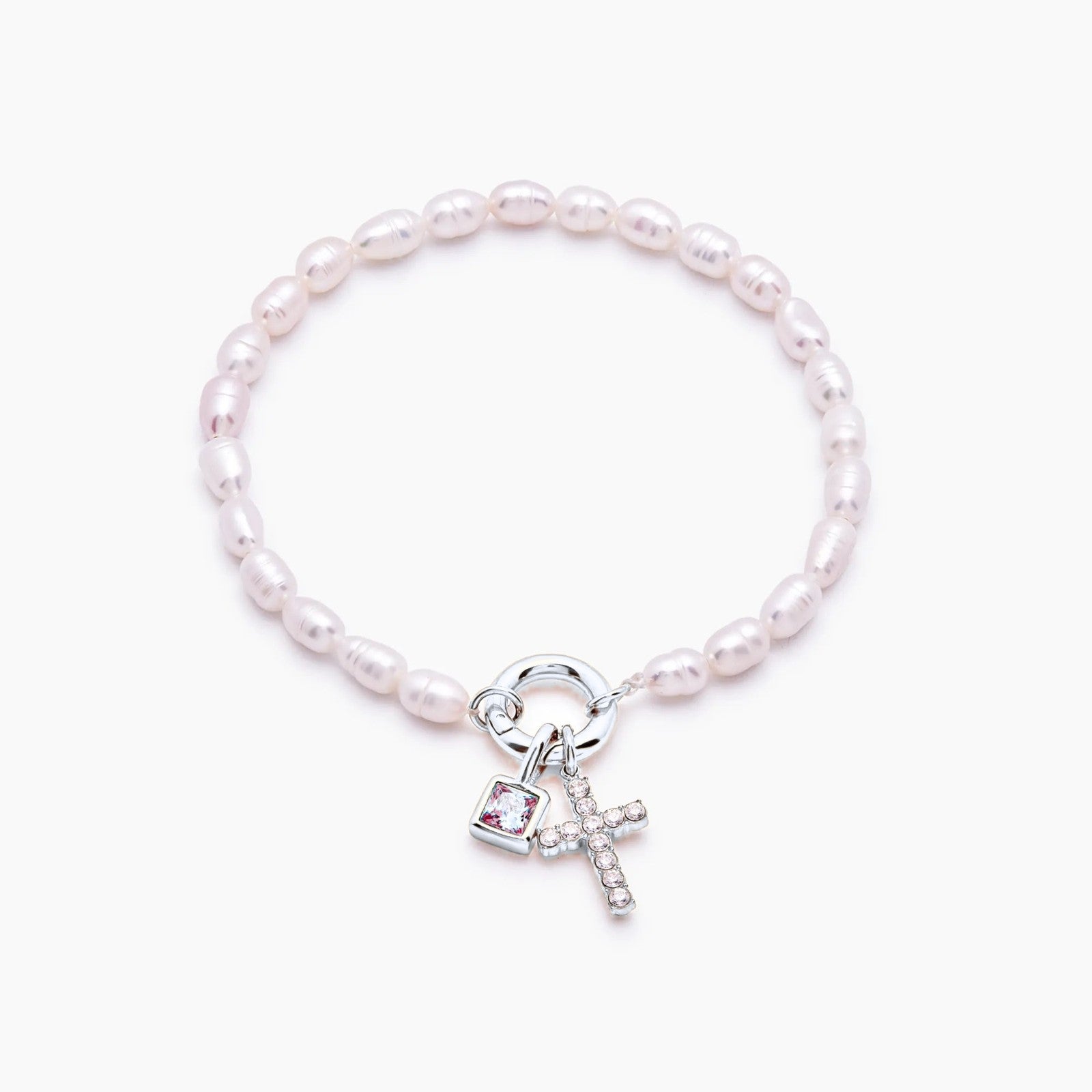 pearl-birthstone-cross-charm-bracelet — Silver / Jul-Ruby