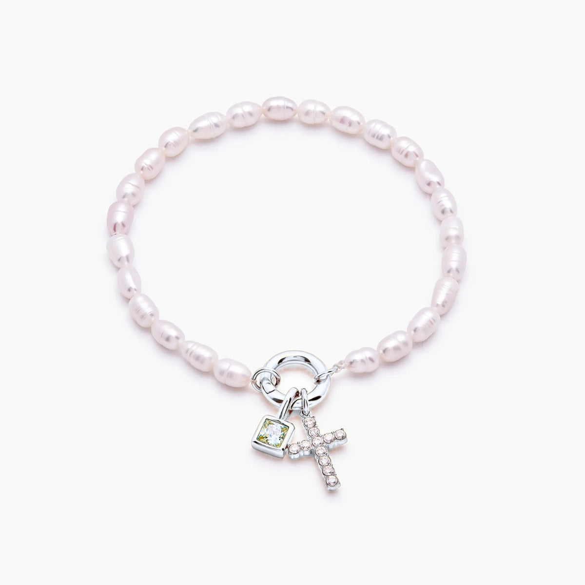 pearl-birthstone-cross-charm-bracelet — Silver / Nov-Citrine