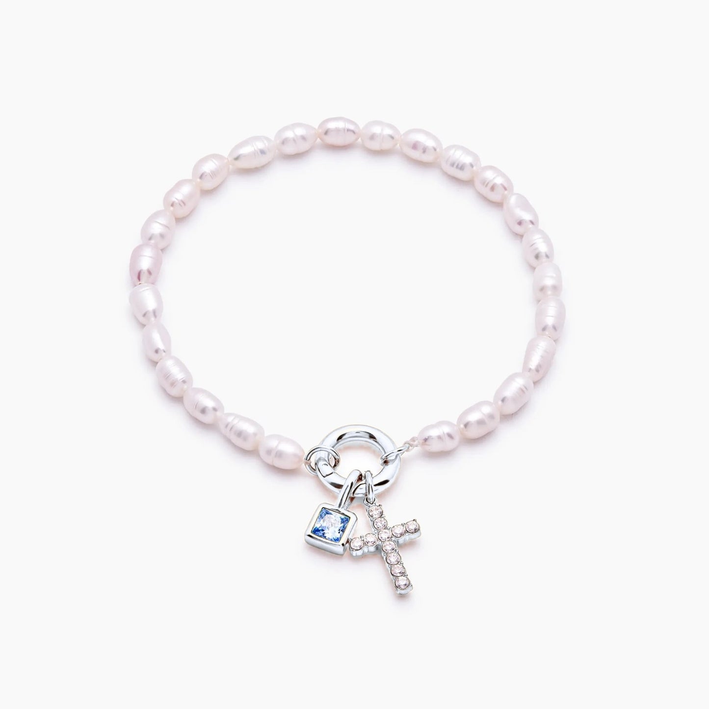 pearl-birthstone-cross-charm-bracelet — Silver / Sep-Sapphire