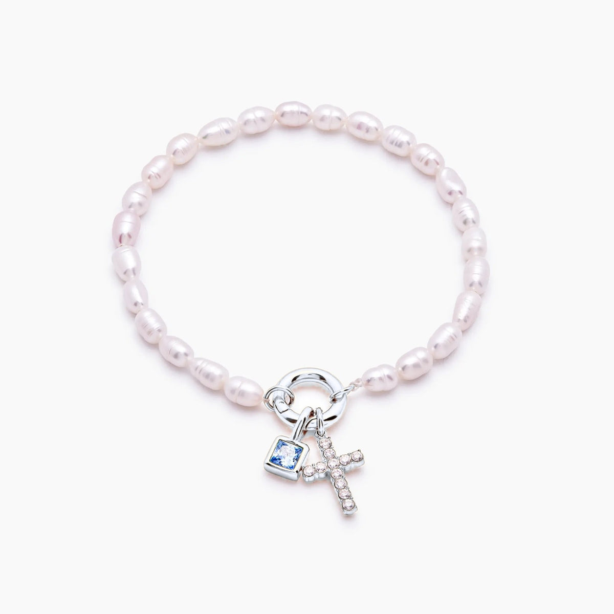pearl-birthstone-cross-charm-bracelet — Silver / Sep-Sapphire