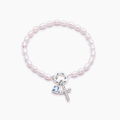 pearl-birthstone-cross-charm-bracelet — Silver / Sep-Sapphire