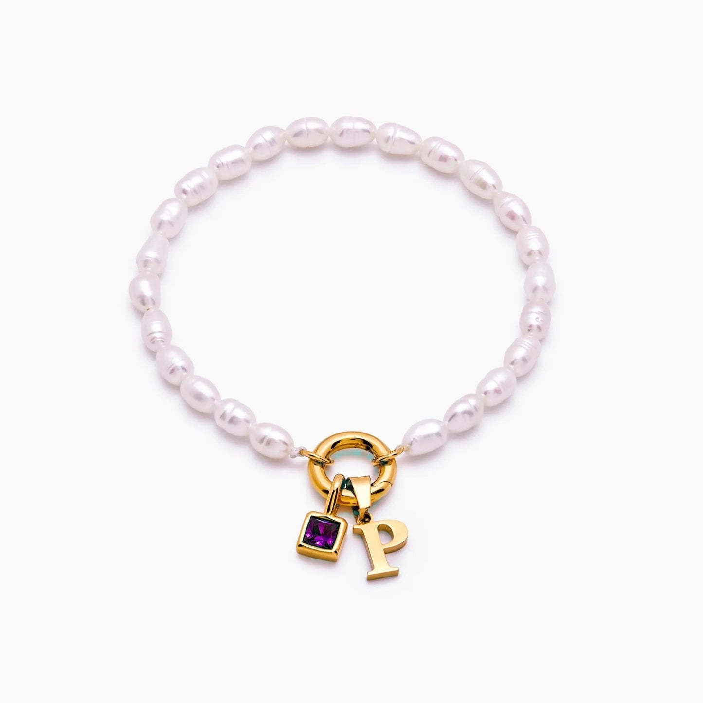 pearl-initial-birthstone-bracelet — Gold / Feb-Amethyst