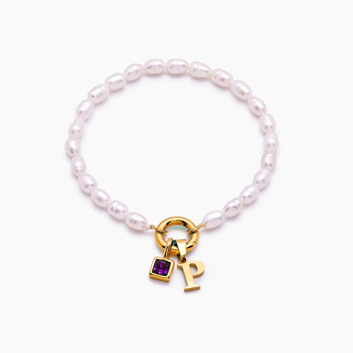 pearl-initial-birthstone-bracelet — Gold / Feb-Amethyst